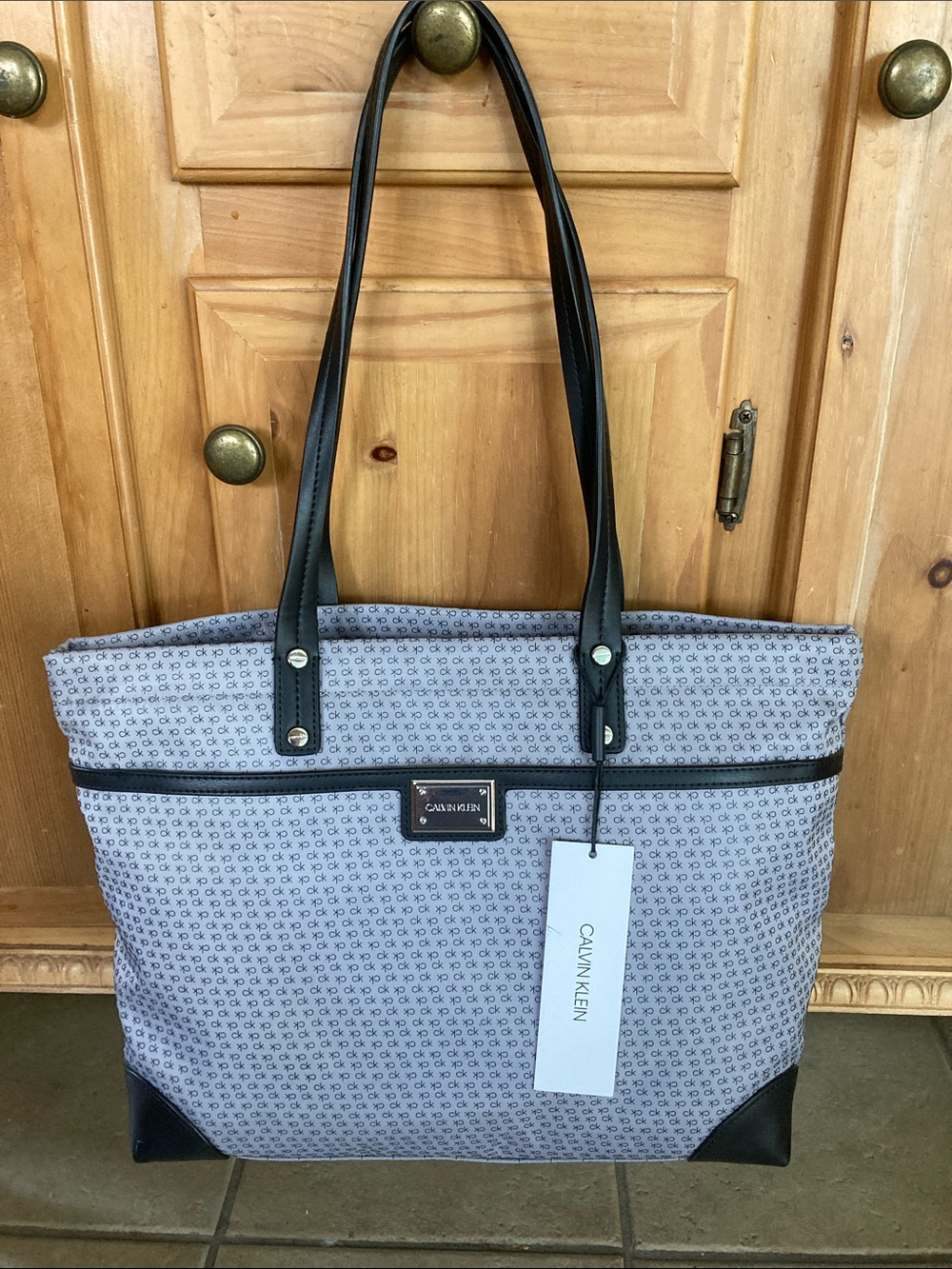 NWT Calvin Klein Gray Patterned Tote with Black Trim and Handles